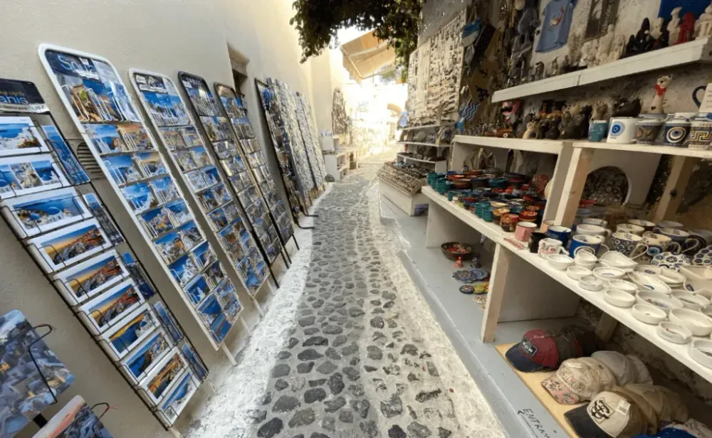 Narrow streets with shops in Santorini